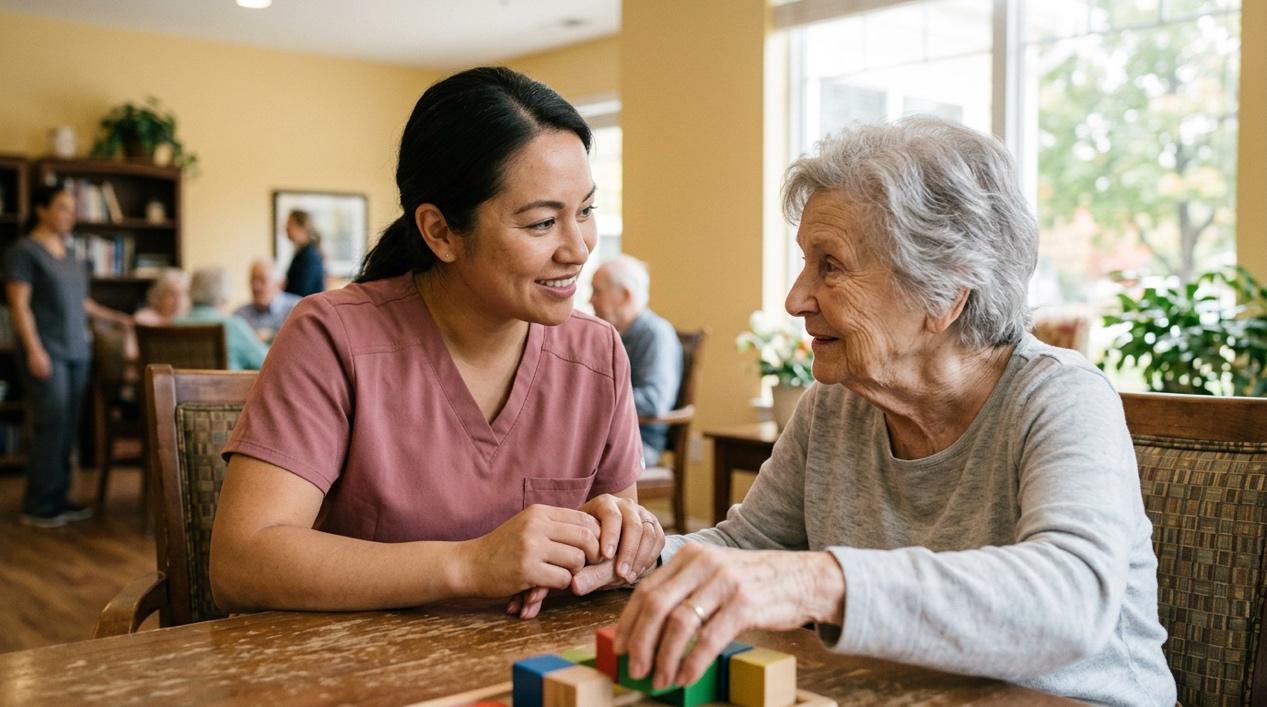 caregiver with elderly woman needing memory care