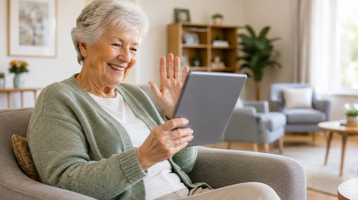 independent smiling elderly woman on tablet
