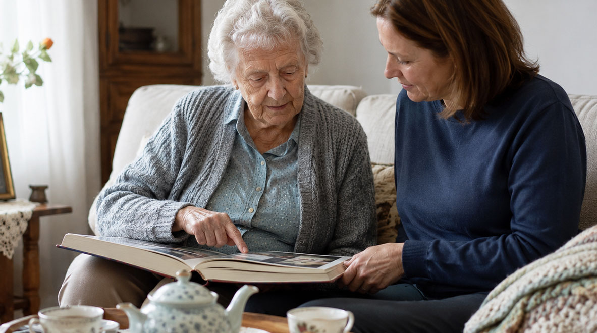 memory caretaker looking at photo album with elderly woman